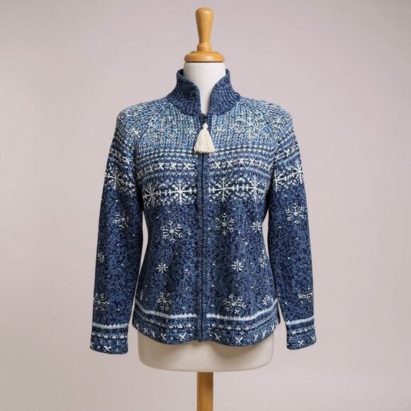 VTG Holiday Sweater Md Tiara International Ramie Beaded Blue Snowflake Fair Isle - Picture 1 of 9